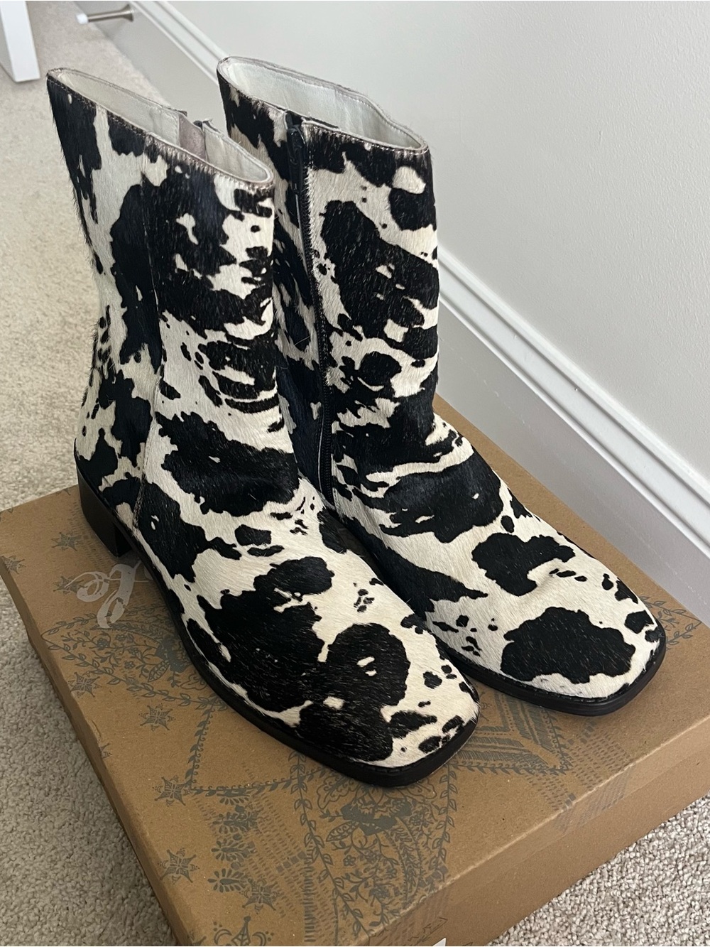 Free People Cow Print Wyoming Way Boot in Black and Cream